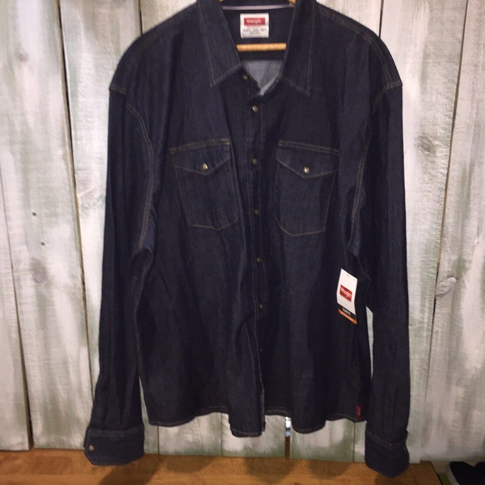 WRANGLER BUTTON UP DENIM SHIRT 3XL WESTERN COWBOY PEARL SNAP VINTAGE Indigo New